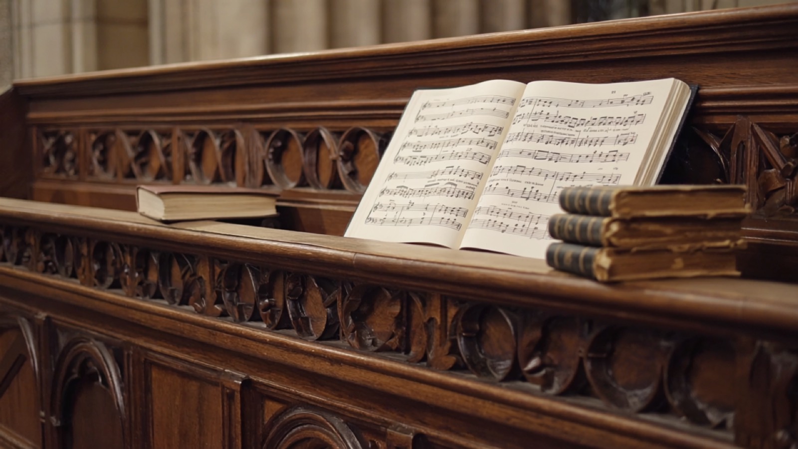 Aufgeschlagene Chornoten auf geschnitztem hölzernem Chorgestühl, warmes Licht, im Hintergrund unscharf ein Kirchenraum